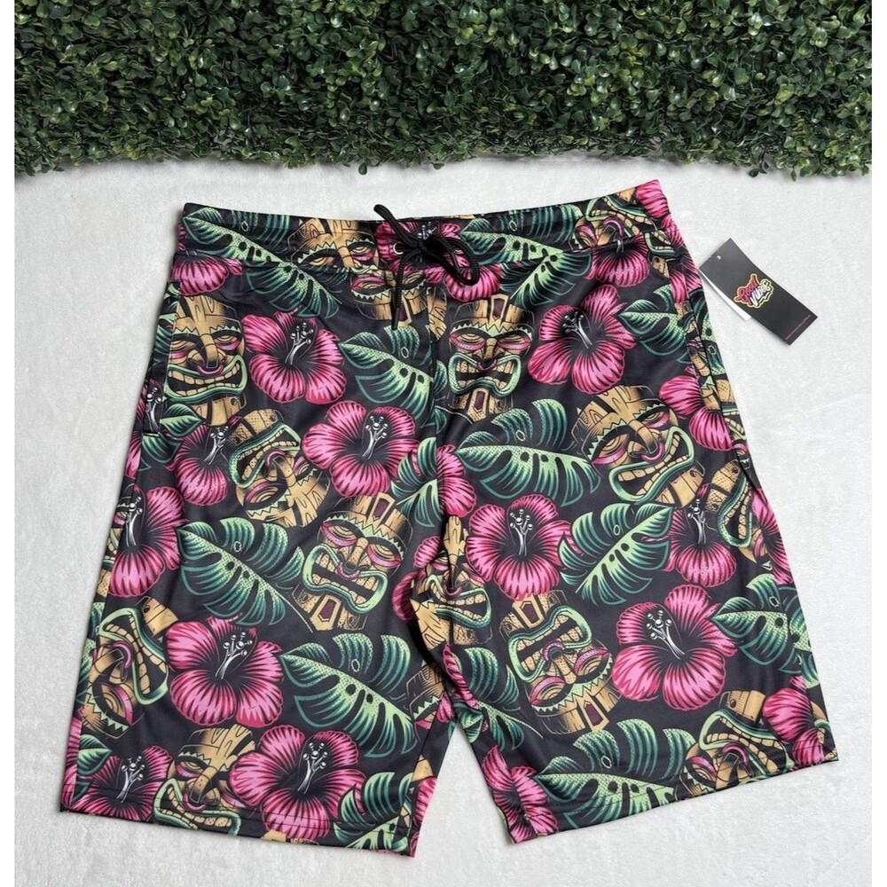 Mens XL Drill Clothing Co. Good Vibes Tiki Idol Print Shorts NWT